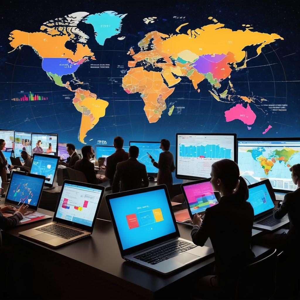 A dynamic and colorful digital collage illustrating a bustling online auction scene with bidders engrossed in real-time bidding on laptops and mobile devices. Show graphs and statistics overlaying the scene to emphasize data-driven strategies, with a sense of urgency in the atmosphere. Incorporate elements of global reach with a world map in the background. super-realistic. vibrant colors. digital art.