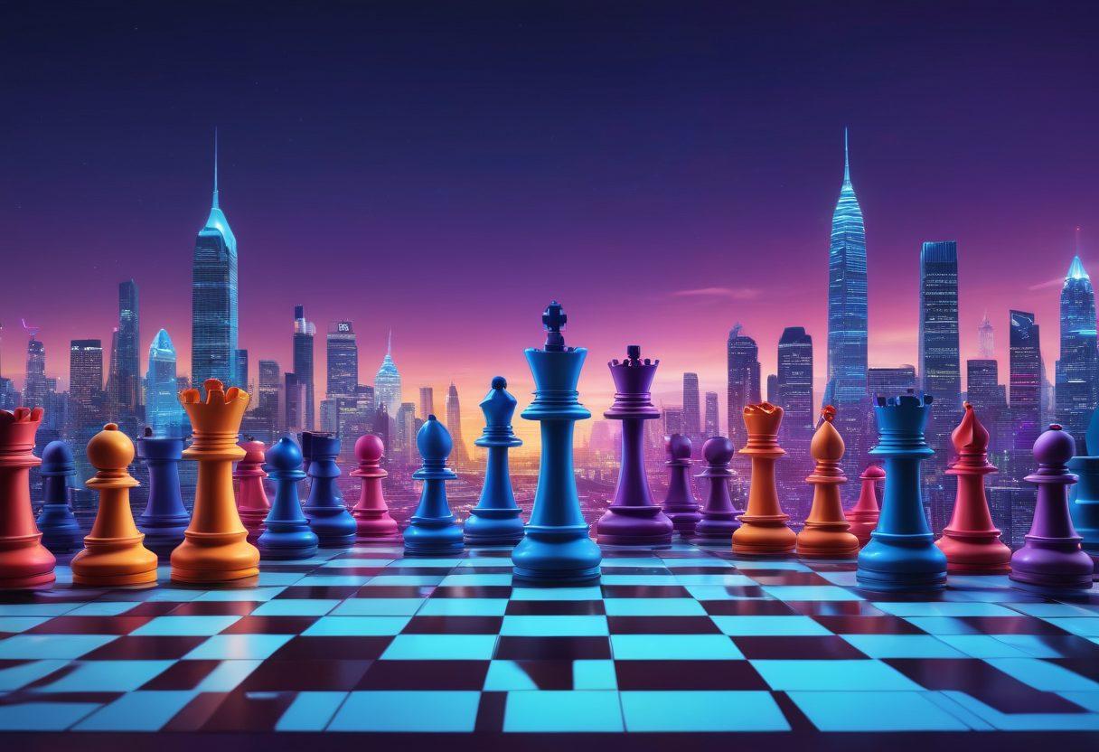 A digital landscape depicting a chessboard with various digital ad icons as chess pieces, symbolizing strategic moves in advertising. In the background, a high-tech city skyline under a twilight sky, representing the intersection of technology and marketing. Include elements like graphs and data streams swirling around to illustrate analytics and success metrics. Create a sense of dynamic motion and intelligence. super-realistic. vibrant colors. 3D.