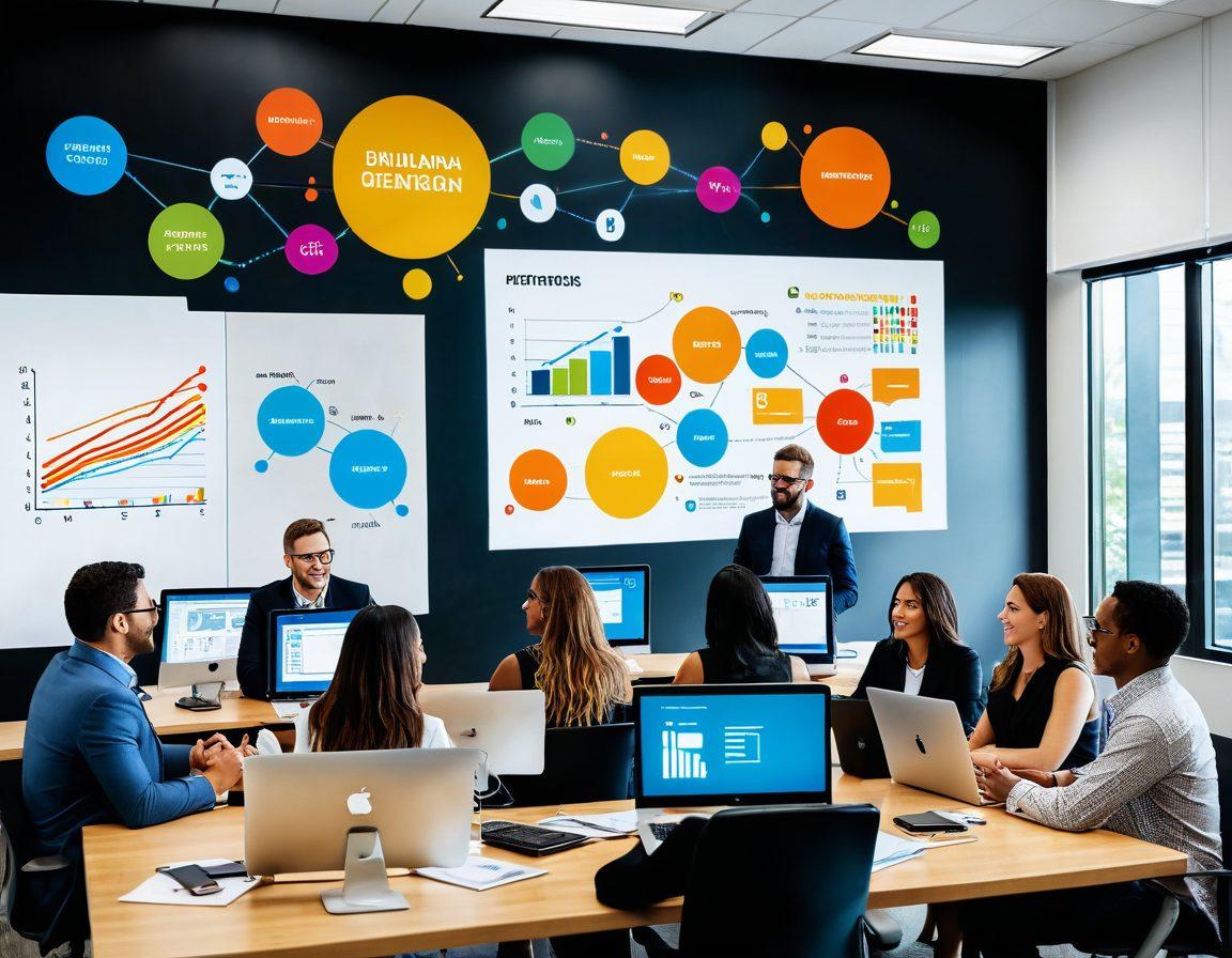 A dynamic scene showcasing a diverse group of e-commerce professionals around a large digital screen displaying graphs of ROI metrics with ascending trends. The environment should reflect a modern office with tech elements like laptops and digital bidding tools. Include thought bubbles with strategic icons like shopping carts, gold coins, and target symbols. The people in the image should appear engaged and excited. super-realistic. vibrant colors. modern office style.